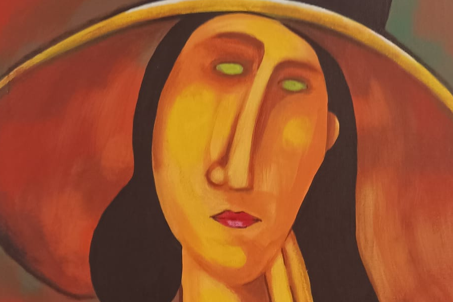 Detalle de la Reproducción de la obra "Jeanne Hebuterne con gran sombrero de paja" de Amadeo Modigliani