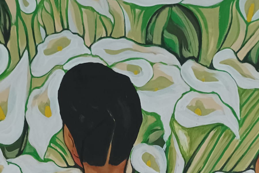 Detalle de la reproducción de la obra "Desnudo con Lirios Blancos" de Diego Rivera