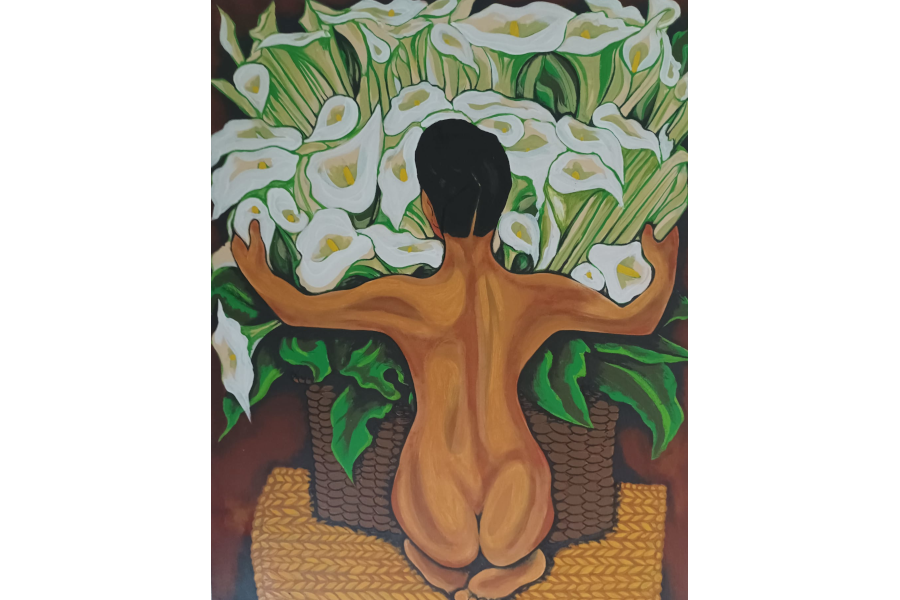 Reproducción de la obra "Desnudo con Lirios Blancos" de Diego Rivera