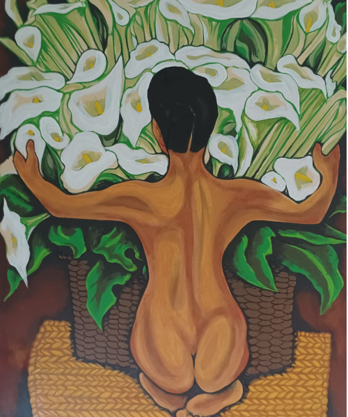 Reproducción de la obra "Desnudo con Lirios Blancos" de Diego Rivera.