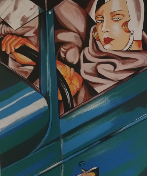 Reproducción de la obra "Autorretrato en un Bugatti Verde" de Tamara Lempicka. Realizada con acrílicos sobre lienzo de tela.