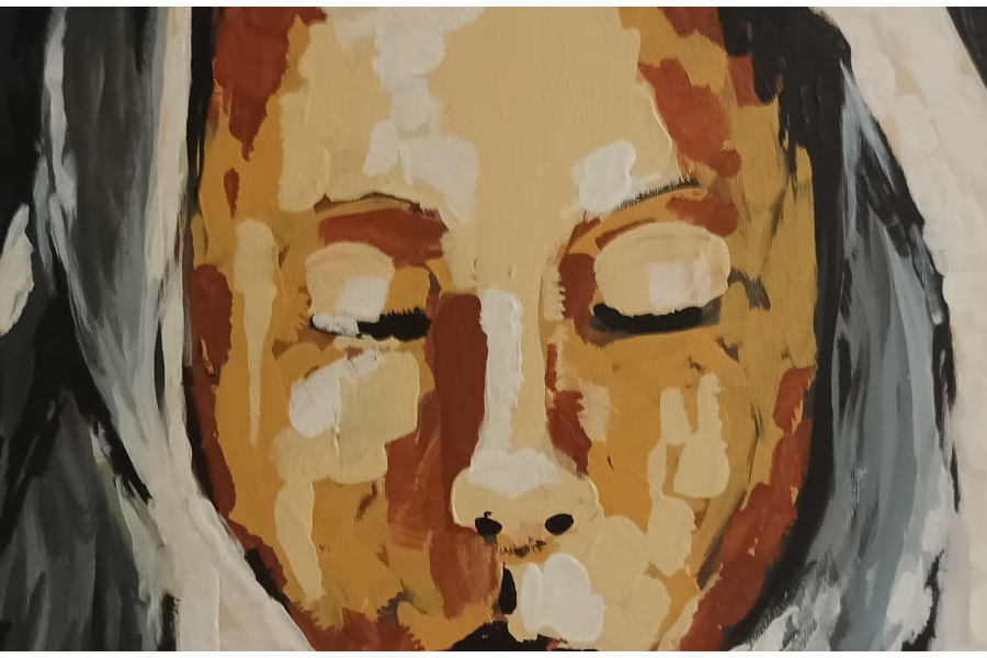 Detalle de la reproducción de la obra "Muchacha con el pañuelo blanco" de Paula Modersohn-Becker. Realizada con acrílicos sobre lienzo de tela.