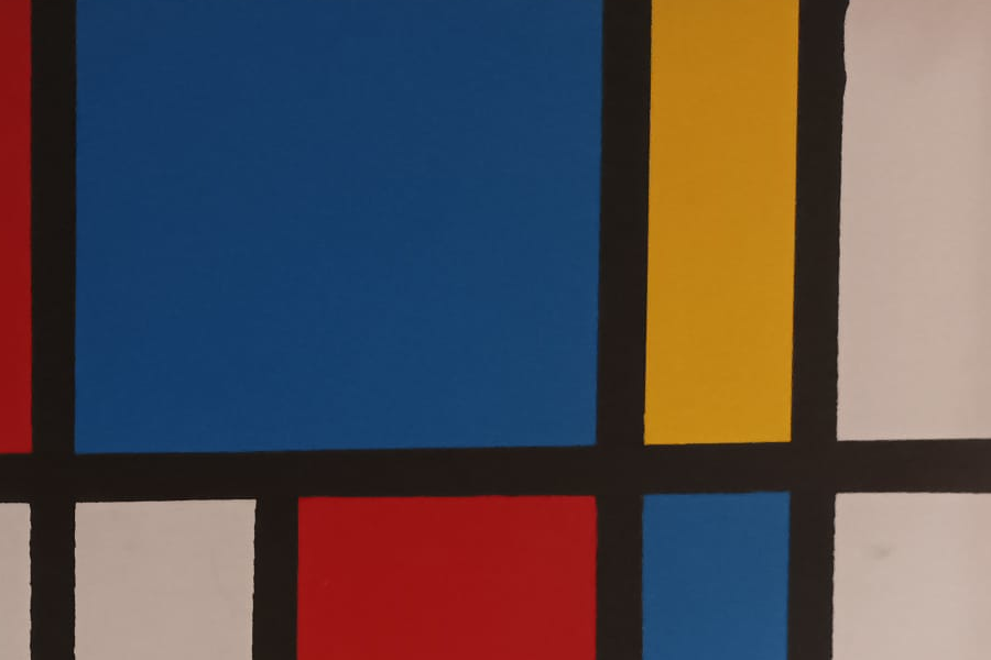 Detalle de la reproducción de la obra "Composición con rojo,azul y amarillo" de Piet Mondrian
