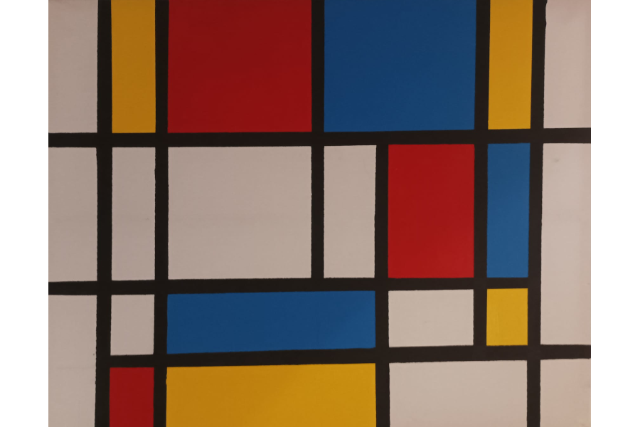 Reproducción de la obra "Composición con rojo,azul y amarillo" de Piet Mondrian.